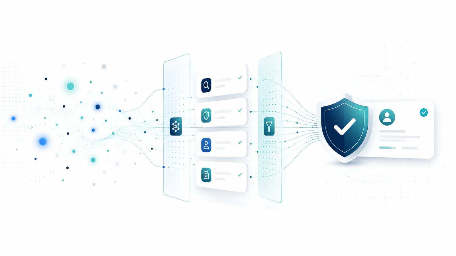 An abstract data flow showing scattered signals filtered into a verified profile card behind a shield, illustrating how AI discovery leads to client verification.