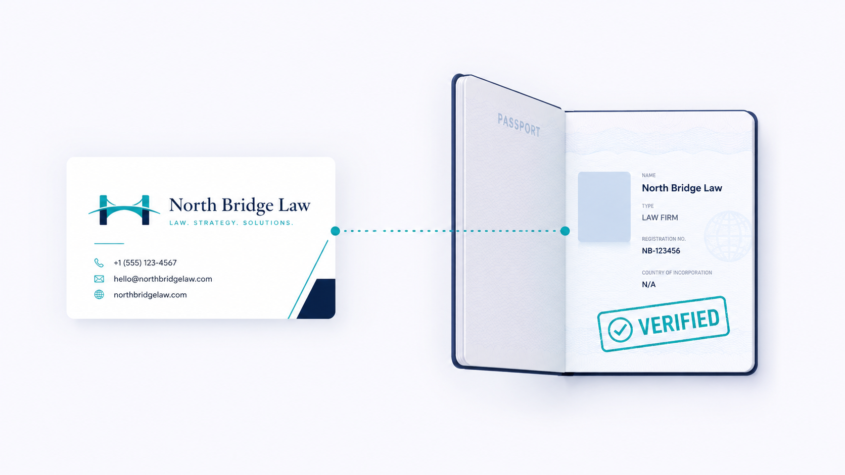 Business card linked to a verified passport, illustrating how AI verifies a firm's identity.
