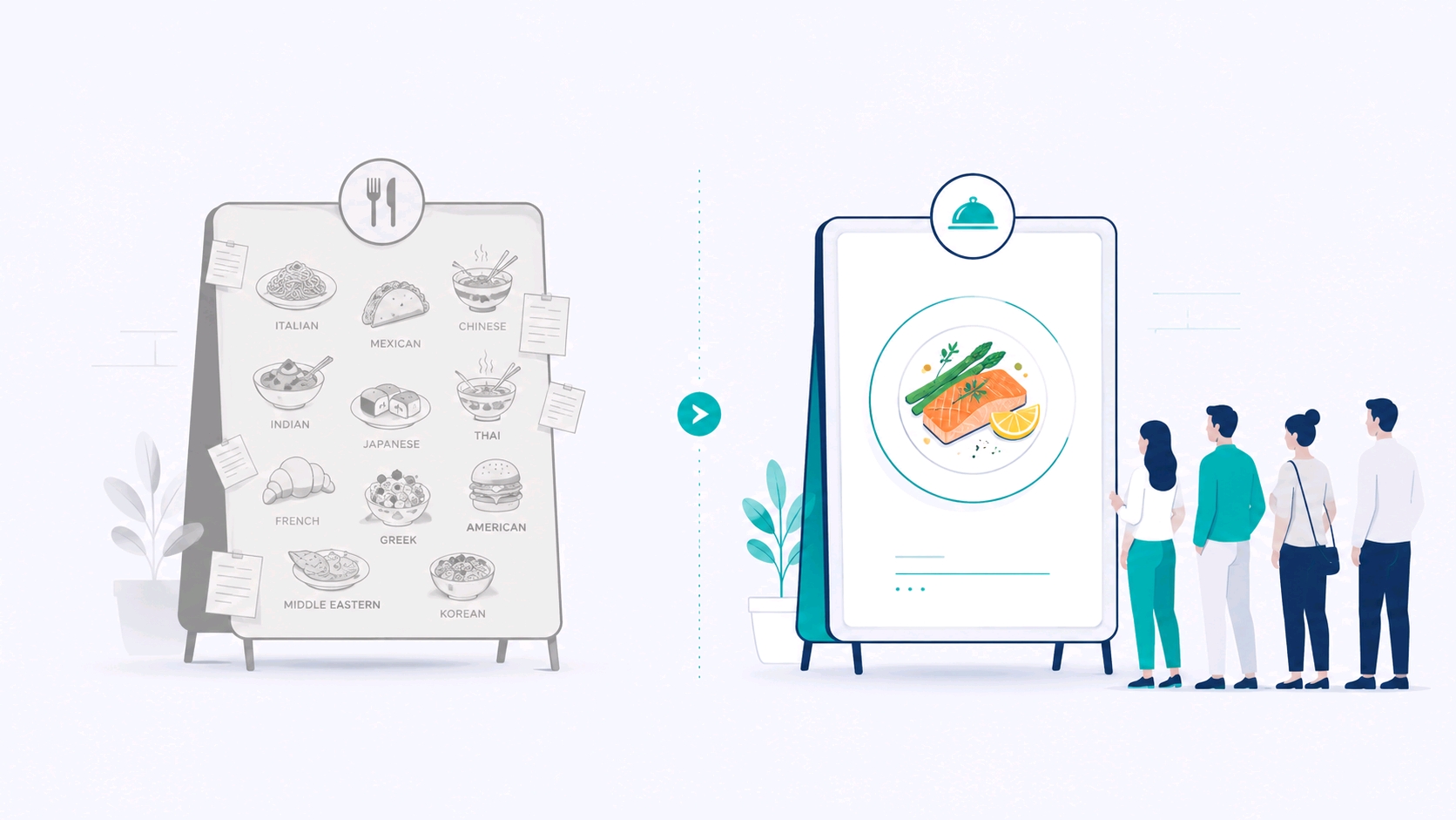 An eleven-cuisine menu board next to a single-dish menu with a queue, illustrating narrow positioning.